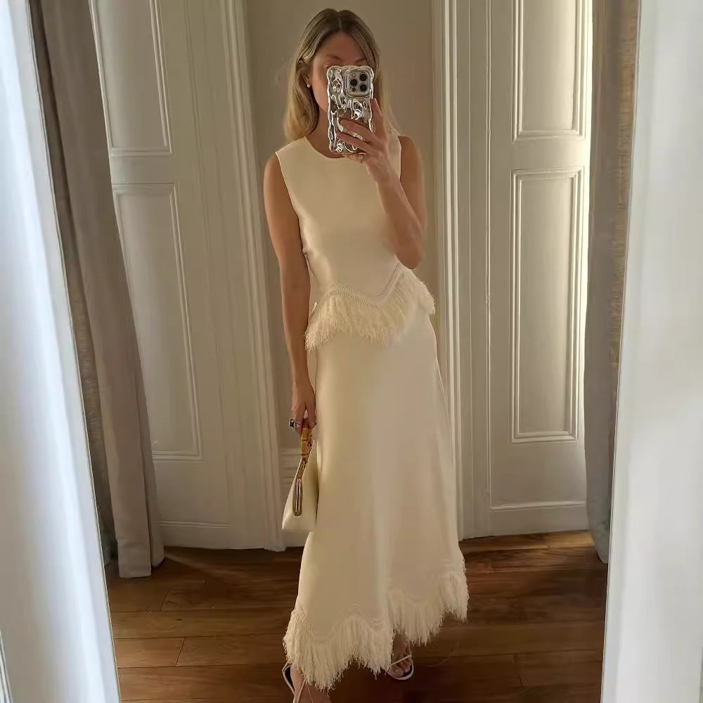 AutumnWinter Elegant Tassel Lace Patchwork Evening Gown Set