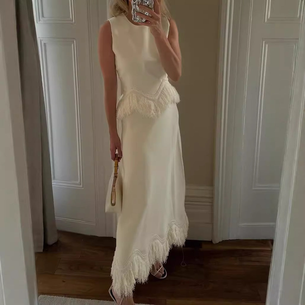 AutumnWinter Elegant Tassel Lace Patchwork Evening Gown Set