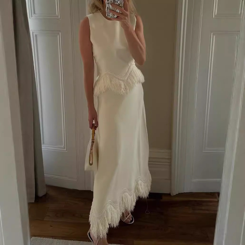 AutumnWinter Elegant Tassel Lace Patchwork Evening Gown Set